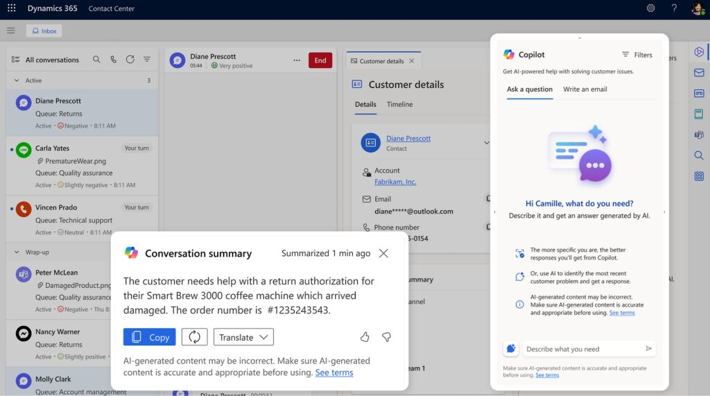 microsoft copilot ai in dynamics 365 contact center